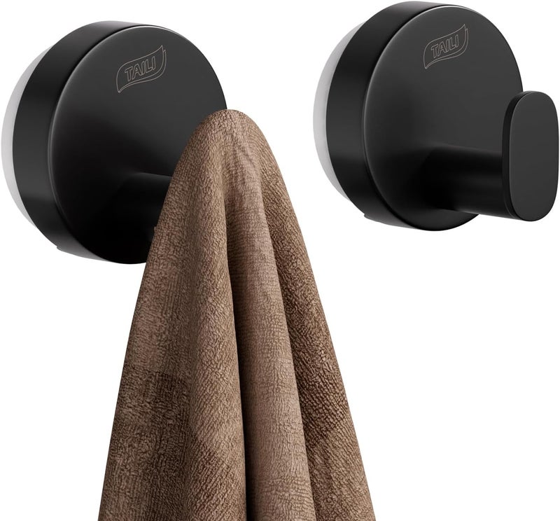 Taili 304 Stainless Steel Bathroom Suction Hooks for Towel, Bathrobe, Loofah, No Damage Hanging Glass Shower Wall Hook, Patented Strong Suction Cup Holder, Hold Up to 11 Lbs, 2 Pack, Black - Image 1